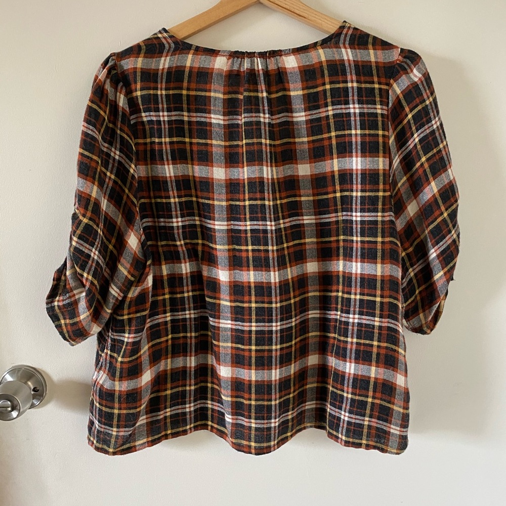 Plaid Cinch-Sleeve Top sz L - Picture 4 of 5